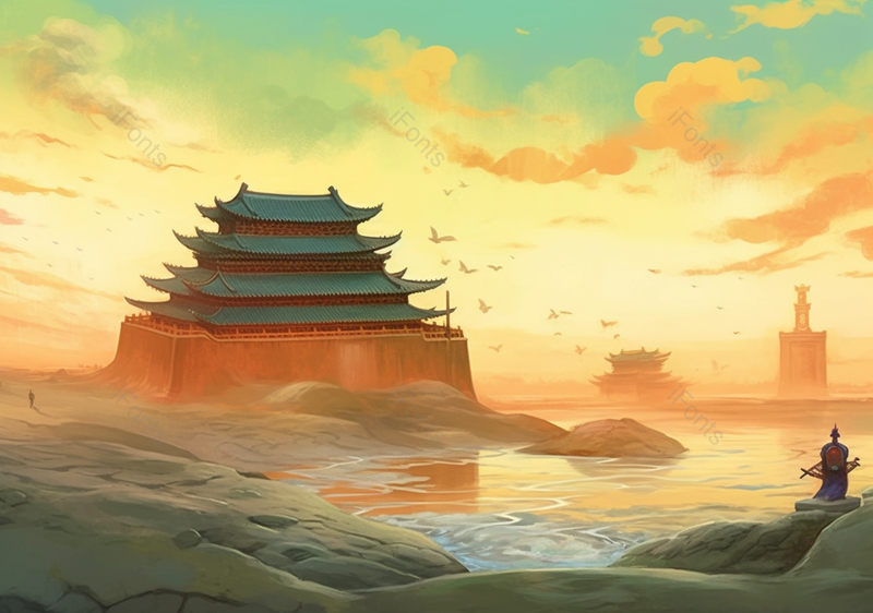 中国风手绘夕阳古代城楼插画,插画/手绘图,插画/手绘图库,插画/手绘图下载,插画/手绘